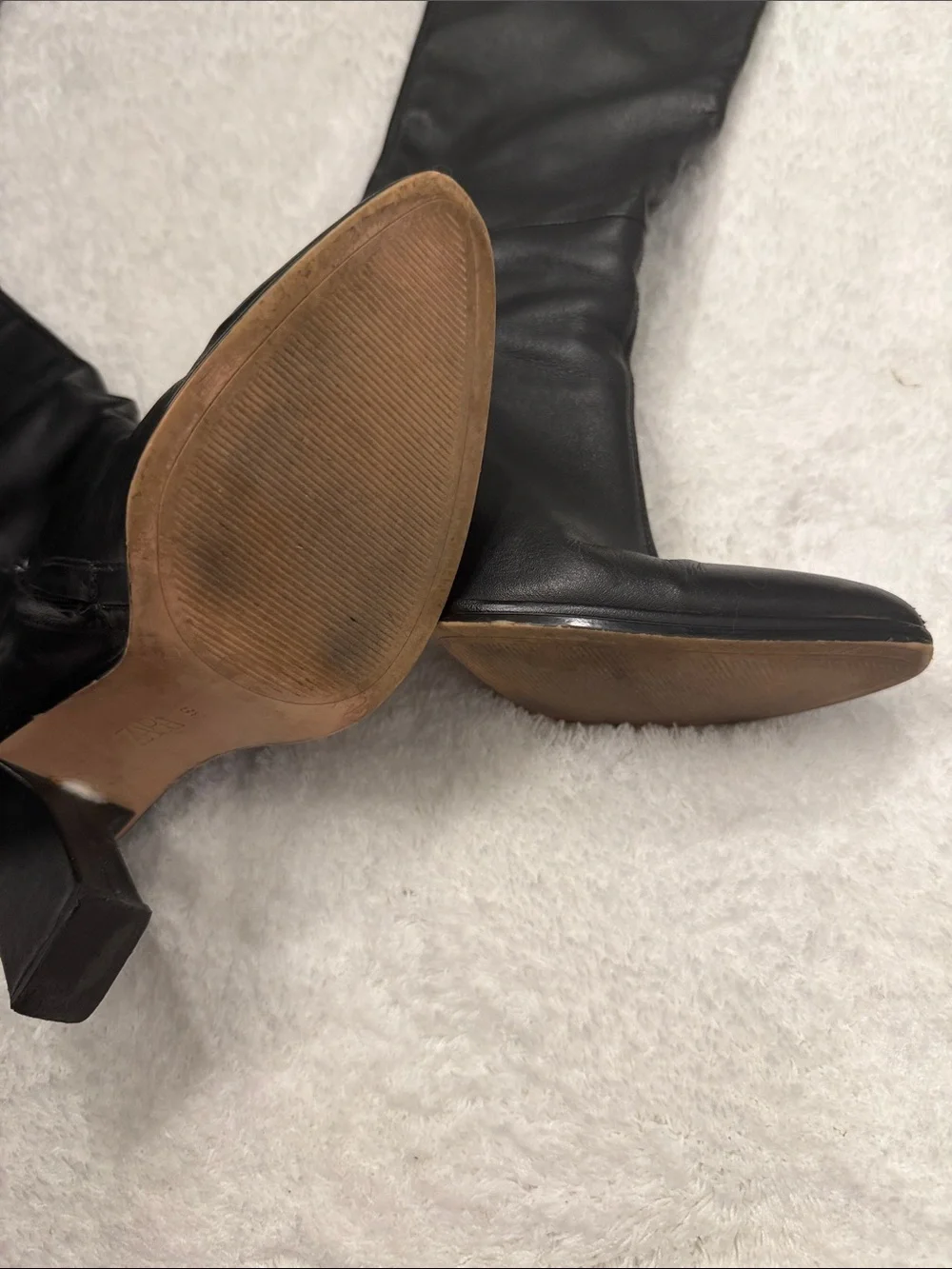 Real black leather Knee-High Block Heel Women's Boots
